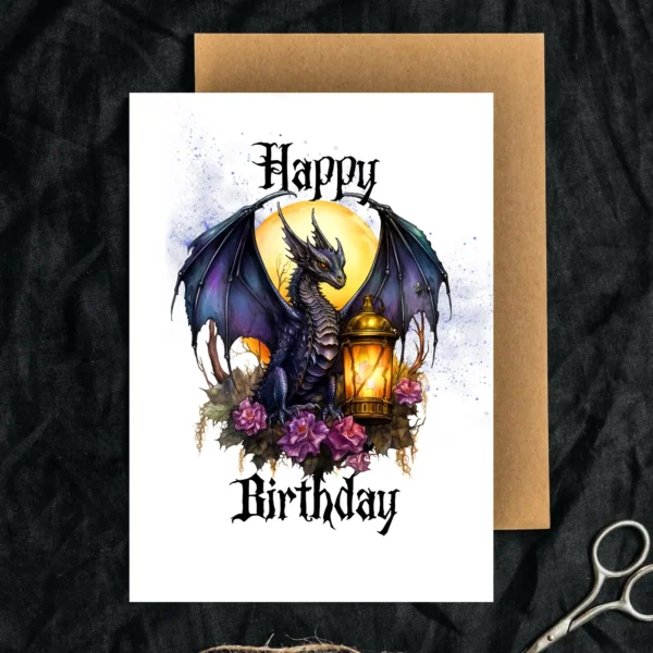 Birthday card with a purple gothic dragon holding a lantern, adorned with vibrant flowers for a whimsical touch.