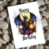 Purple gothic dragon birthday card, featuring a dragon with a lantern and a backdrop of cheerful flowers.