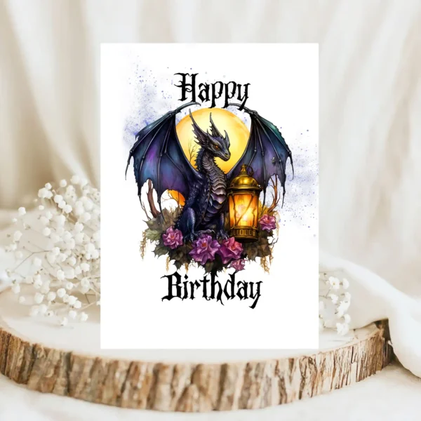 A birthday card depicting a purple dragon with a lantern, beautifully framed by colorful flowers in a gothic design.