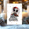 Gothic Christmas card with skeleton in red Santa hat tangled in Christmas lights and “Merry Christmas” text