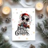 Printable spooky holiday card featuring a skeleton in festive lights and Santa hat