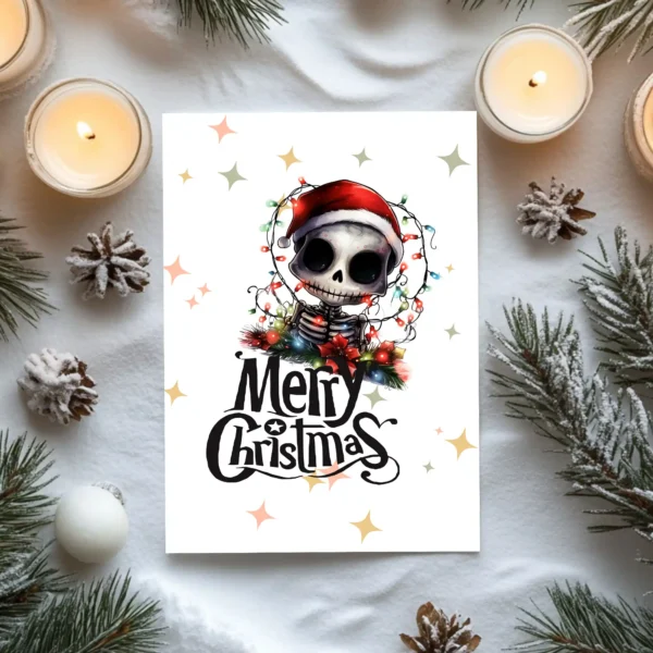 Printable spooky holiday card featuring a skeleton in festive lights and Santa hat
