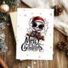 Dark-themed Christmas card with skeleton and tangled lights on moody background