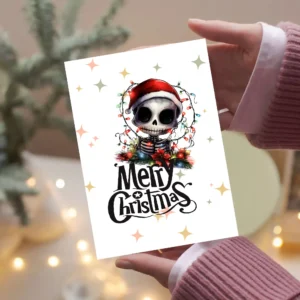 Unique Gothic card with a grinning skeleton wearing a Santa hat and Christmas lights