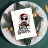 Quirky alternative Christmas card with skeleton in holiday lights and snowy scene