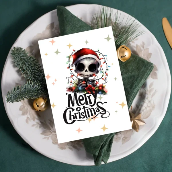 Quirky alternative Christmas card with skeleton in holiday lights and snowy scene