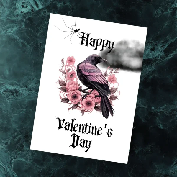 Gothic Valentine's Day card with a cheerful raven, adorned with pink roses on a pink and black background.