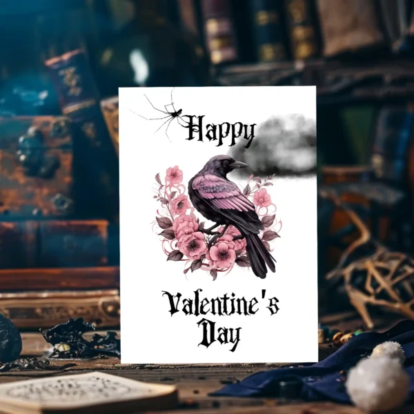Cheerful Gothic Valentine's Day card featuring a raven and pink roses, perfect for celebrating love.