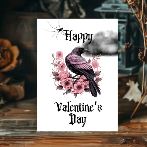 Valentine's Day card with a joyful raven, decorated with pink roses, in a stylish Gothic pink and black theme.