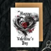 Printable Gothic Heart Valentine's Day card with a bright "Happy Valentine's Day" text and stylish heart illustrations.
