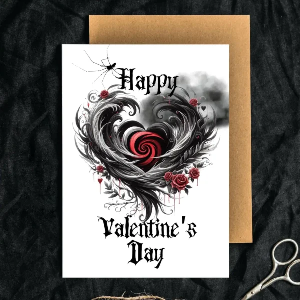 Printable Gothic Heart Valentine's Day card with a bright "Happy Valentine's Day" text and stylish heart illustrations.