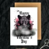 A Valentine's Day card displaying a black panther and pink roses, combining Gothic aesthetics with heartfelt sentiment.