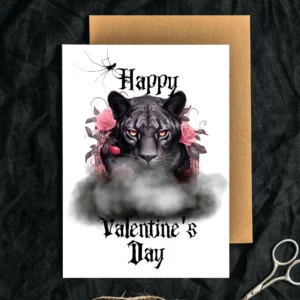 A Valentine's Day card displaying a black panther and pink roses, combining Gothic aesthetics with heartfelt sentiment.
