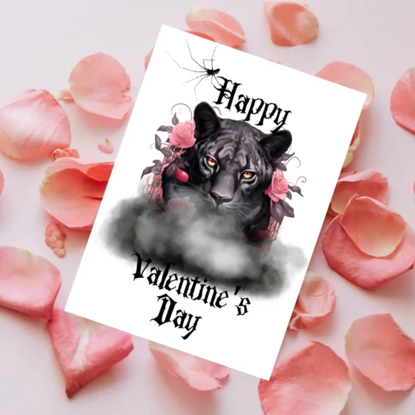 A printable Valentine's Day card showcasing a black panther and pink roses, blending Gothic charm with romance.