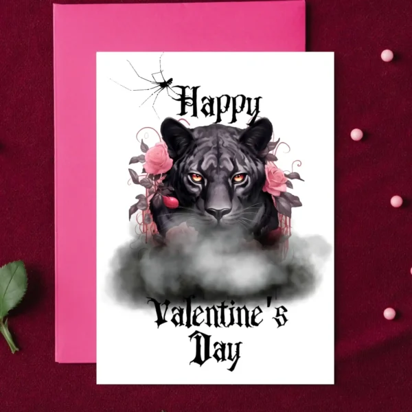 A Gothic Valentine's Day card featuring a black panther surrounded by pink roses. Perfect for expressing love with style.