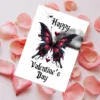 Valentine's Day card with a black and red butterfly, hearts, and a dark cloud, perfect for a gothic aesthetic.