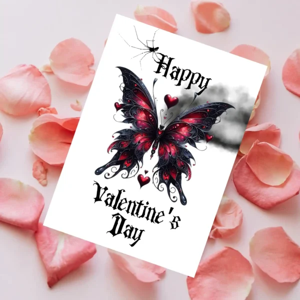 Valentine's Day card with a black and red butterfly, hearts, and a dark cloud, perfect for a gothic aesthetic.