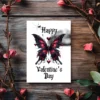Printable Gothic Valentine's card with a butterfly, hearts, and a dark cloud backdrop in black and red tones.