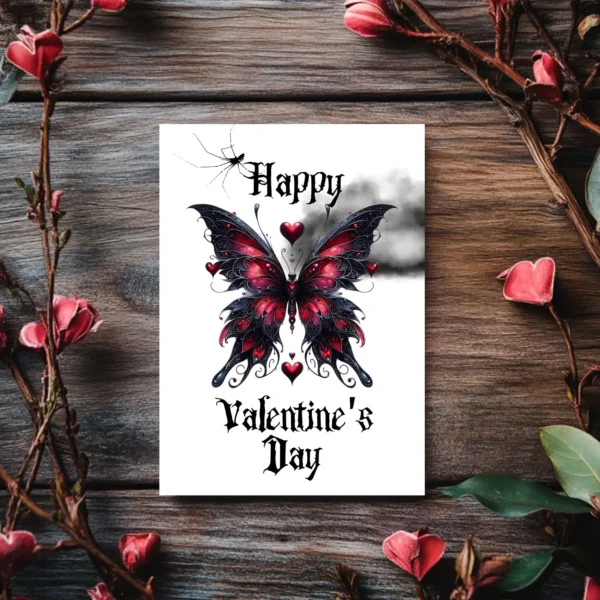 Printable Gothic Valentine's card with a butterfly, hearts, and a dark cloud backdrop in black and red tones.