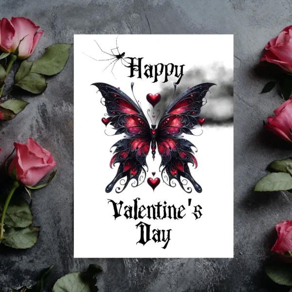 Valentine's Day card design showcasing a black and red butterfly, hearts, and a moody dark cloud background.