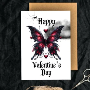 Gothic-themed Valentine's card displaying a butterfly and hearts against a dark cloud background in black and red.