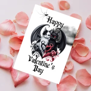 Illustrated Valentine’s card with a white and black winged cat pair encircled by gothic designs. “Happy Valentine’s Day” text. Surrounded by pink petals.