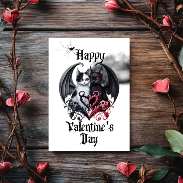 Romantic gothic Valentine's card with two cats, one black and one white, with bat wings, surrounded by hearts and skulls. Dark, elegant theme.