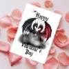 Happy Valentine's Day card with two dragons in black and red, holding a heart, perfect for a gothic-themed celebration.
