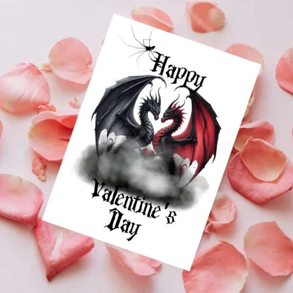 Happy Valentine's Day card with two dragons in black and red, holding a heart, perfect for a gothic-themed celebration.