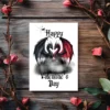 Printable Gothic card for Valentine's Day, showcasing two dragons in black and red, joyfully holding a heart together.
