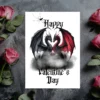 Valentine's Day card featuring two cheerful black and red dragons embracing a heart, ideal for a gothic romance.