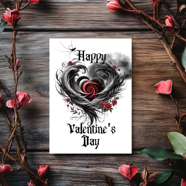 Gothic Heart Valentine's Day card featuring a joyful "Happy Valentine's Day" greeting and intricate heart artwork.
