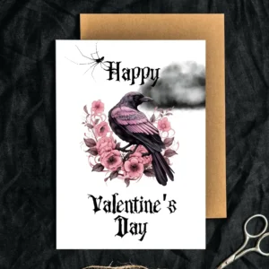 Valentine's Day card with a joyful raven, decorated with pink roses, in a stylish Gothic pink and black theme.