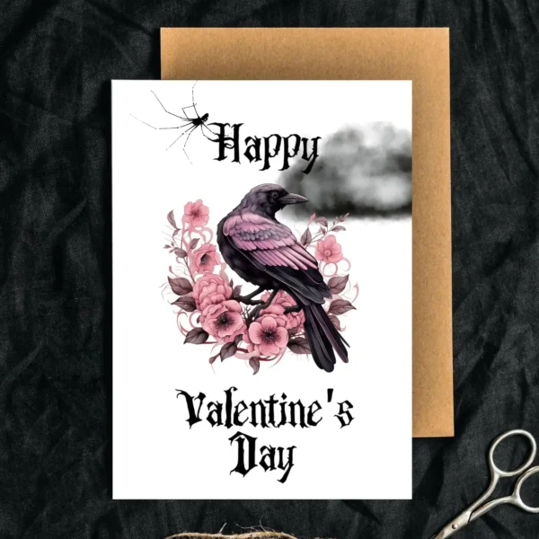Valentine's Day card with a joyful raven, decorated with pink roses, in a stylish Gothic pink and black theme.