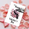 Happy Valentine's Day card featuring a raven, pink roses, and a Gothic design in pink and black colors.