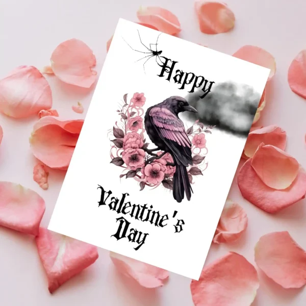 Happy Valentine's Day card featuring a raven, pink roses, and a Gothic design in pink and black colors.