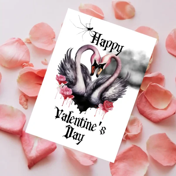 A Valentine's Day card depicting two pink swans whose necks form a heart, with a dreamy cloud scene in the background.