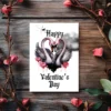 Gothic-style Valentine's card showing two pink swans with necks forming a heart, surrounded by a gentle cloud background.