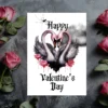 Valentine's Day card with two pink swans creating a heart shape with their necks, set against a soft cloud backdrop.