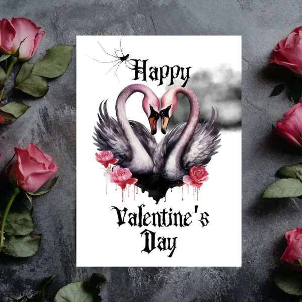 Valentine's Day card with two pink swans creating a heart shape with their necks, set against a soft cloud backdrop.