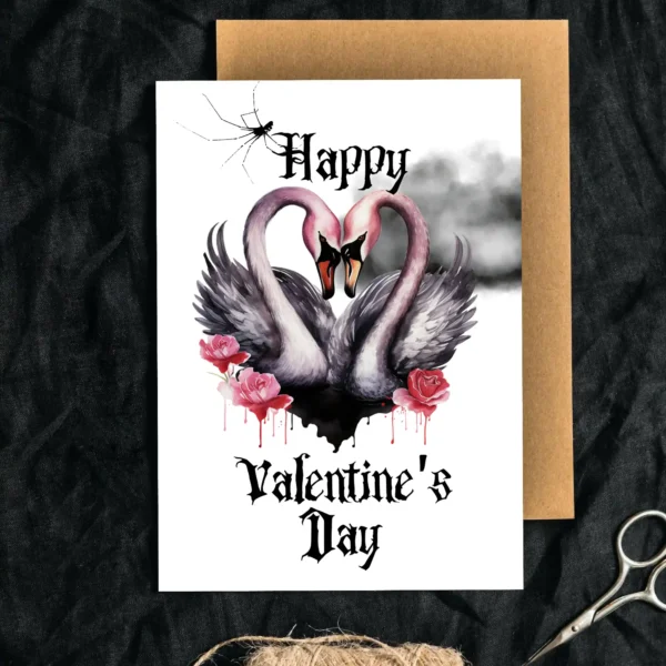 Printable Gothic Valentine's Day card featuring two pink swans forming a heart with their necks against a cloudy background.