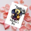 A whimsical dragon adorned with flowers and a lantern, designed for a Gothic Valentine's Day card.