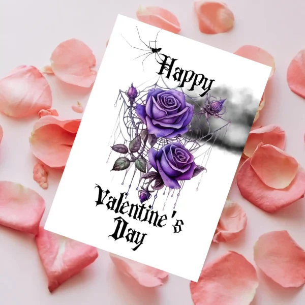 Printable Gothic Valentine's Day card with purple roses and a dark cloud, celebrating love on Valentine's Day.