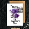Happy Valentine's Day card design with purple roses and a dark cloud, showcasing a Gothic aesthetic.