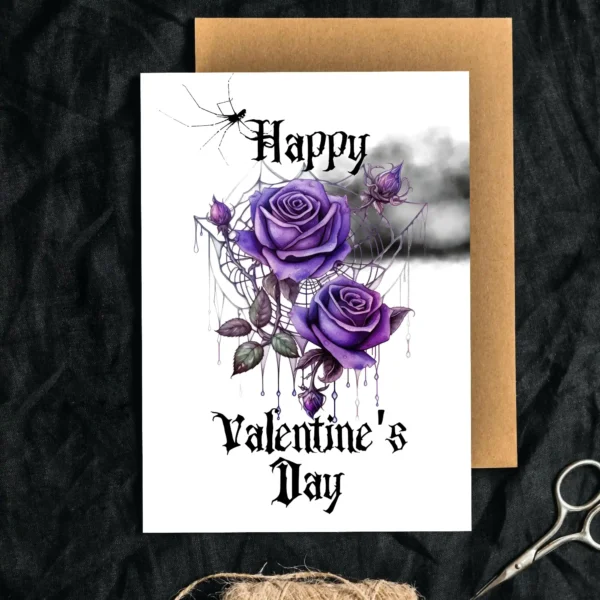 Happy Valentine's Day card design with purple roses and a dark cloud, showcasing a Gothic aesthetic.