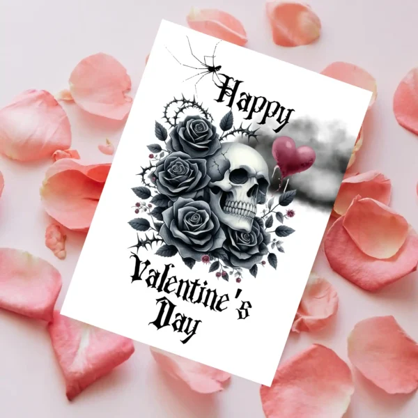 Happy Valentine's Day card with a skull, black roses, and a dark cloud, blending romance with a gothic twist.