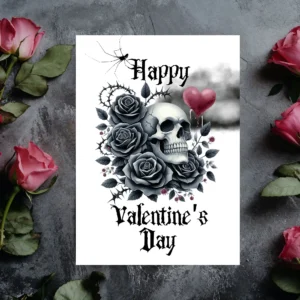 Printable Gothic Valentine's card showcasing a skull, black roses, and a dark cloud, ideal for alternative love notes.