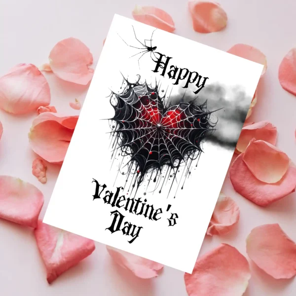 Printable Gothic Valentine's Day Card with a spiderweb heart, adding a spooky touch to your holiday decor.