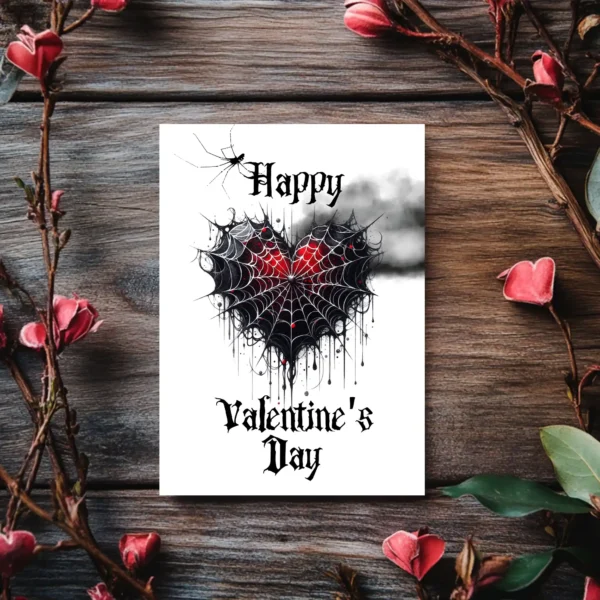 Unique Gothic Valentine's Day card design with a spiderweb heart, perfect for expressing love in a spooky style.