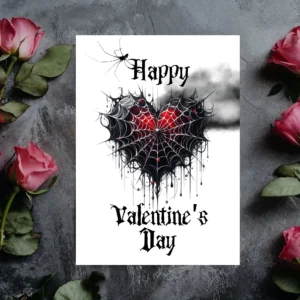 Gothic Valentine's Day card featuring a spiderweb heart design, perfect for a unique and festive celebration.
